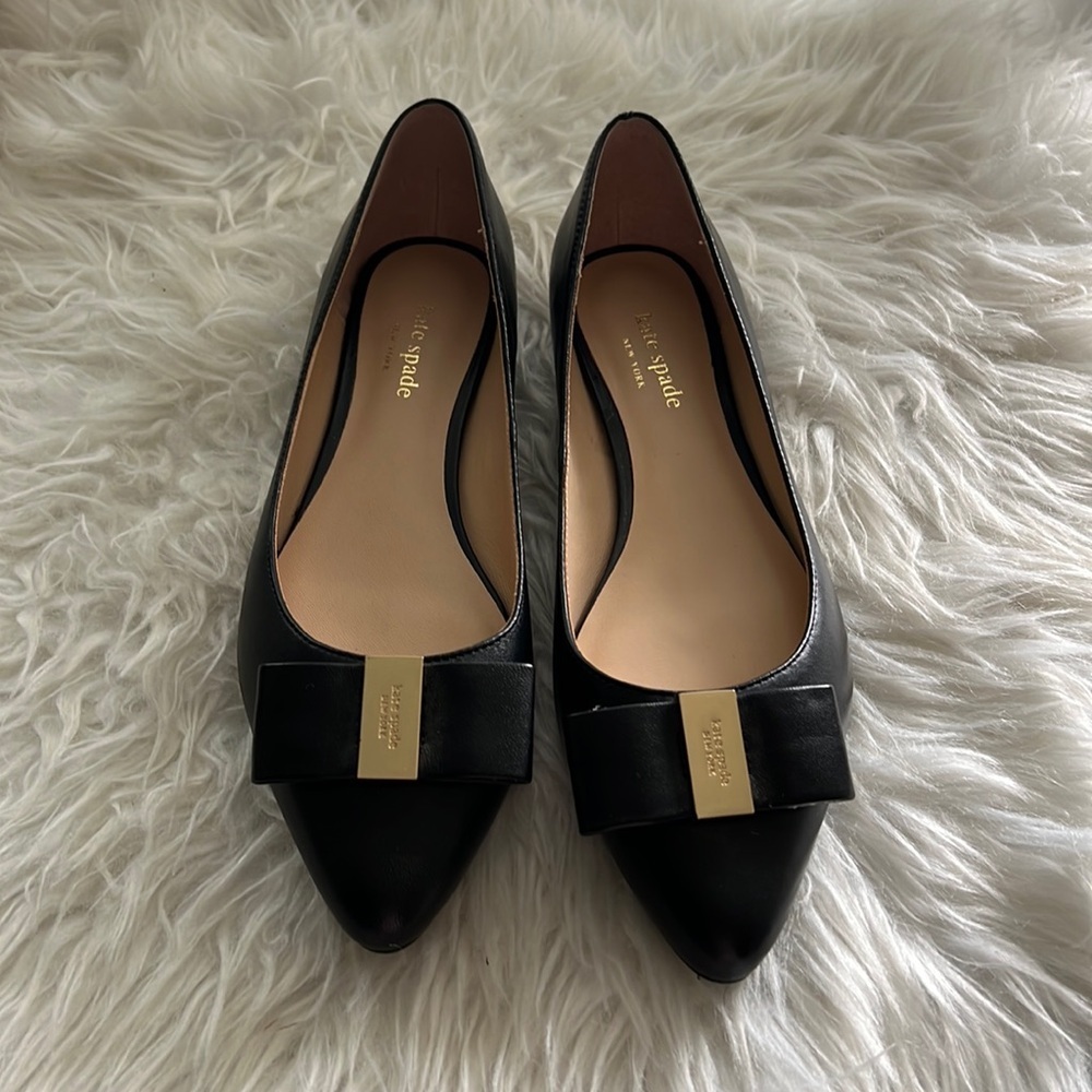 kate spade Black Pointed Toe Bow Flats with Gold Accent
